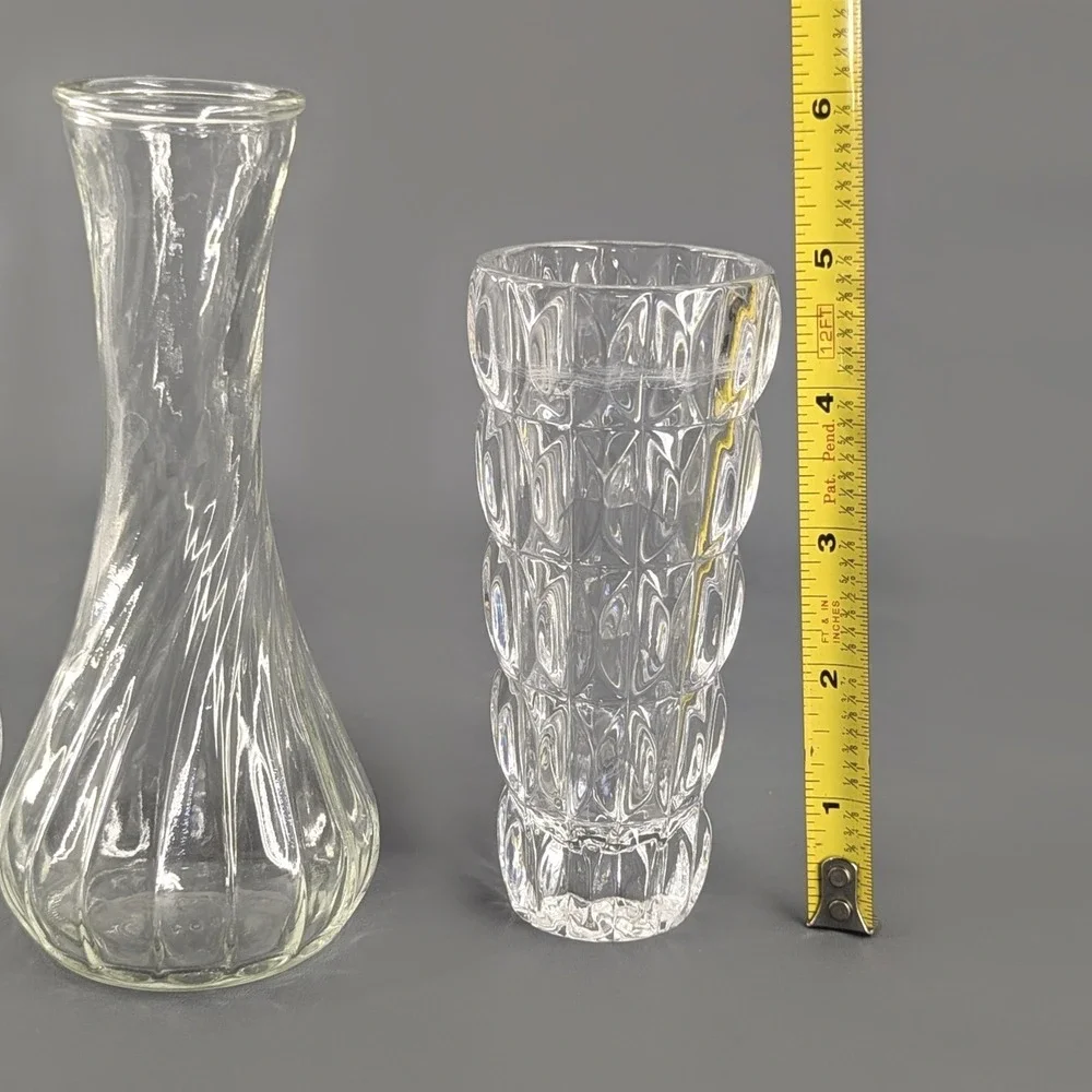 Vintage Clear Glass Bud Vases Set 3 Ribbed Swirl Thumbprint 5 to 6 Inch